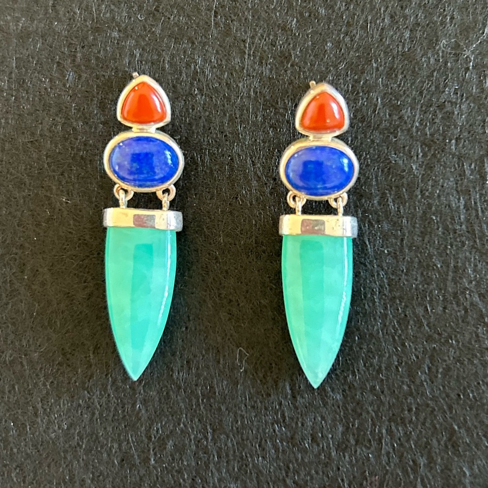 WHITNEY KELLY STERLING SILVER VINTAGE JADEITE, LAPIS, RED AGATE EARRINGS